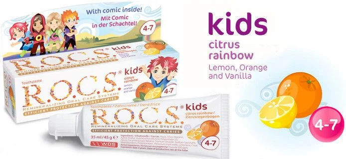 Pasta dla dzieci (4-7 lat) o smaku cytrusowym Rocs KIDS Citrus Rainbow 35 ml