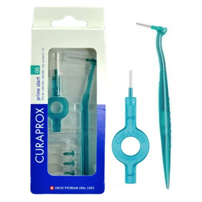 Szczoteczki międzyzębowe wąskie Curaprox Prime Start CPS06 turkusowe 5 szt. + dwa uchwyty UHS470 i UHS409