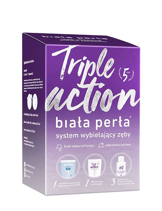 Zestaw do wybielania zębów Biała Perła Triple Action – pasta wybielająca 30 ml, żel wybielający 50 ml, płyn do płukania 100 ml, 3 nakładki do formowania